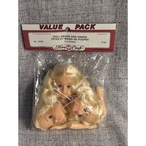 Vintage Fibre Craft #75162 Doll Heads Hands NEW 2" 9pc Blonde Hair Blue Eyes